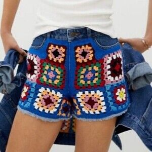 NWT Farm Rio Cottagecore Knit Crochet Blue Jean's 27